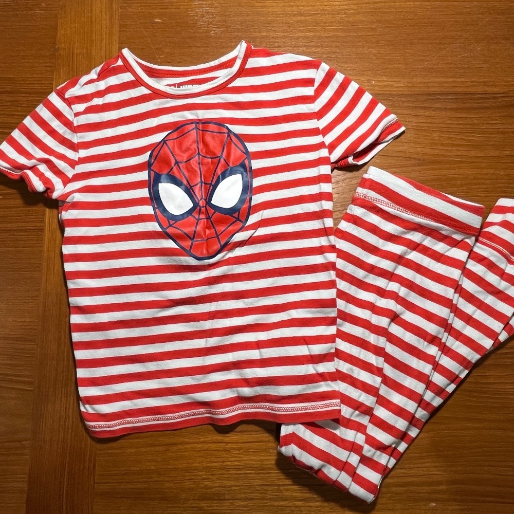 Gap Kids Marvel Spiderman Short Sleeve Long Pants Pajama Set Red Striped 12